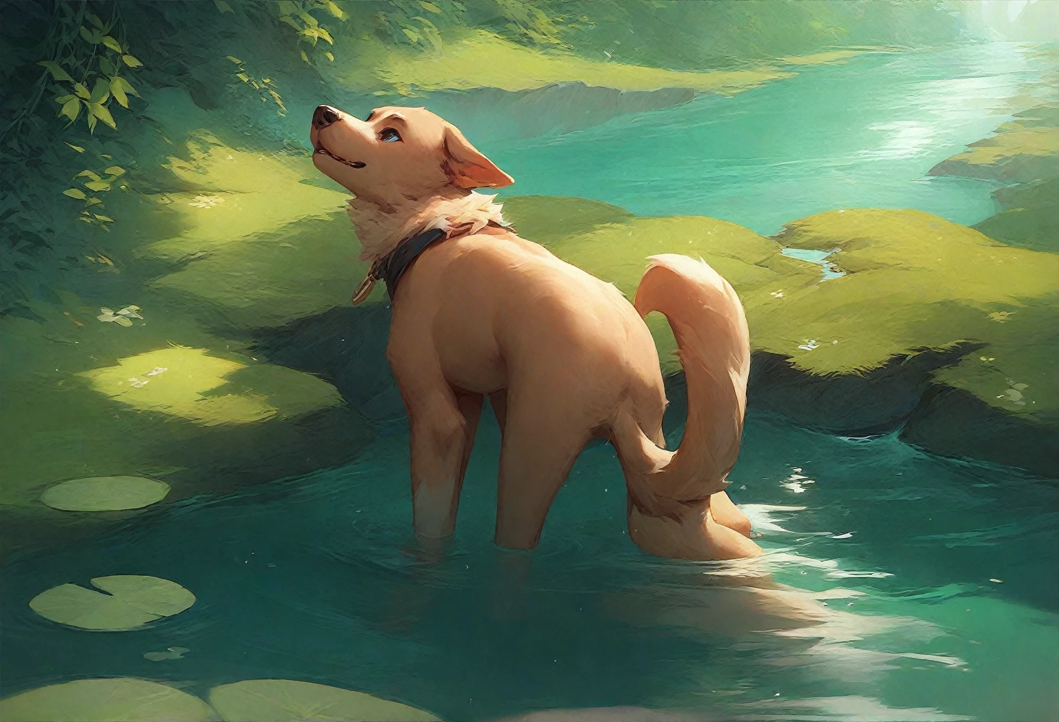Cartoon character dog stanging in a river