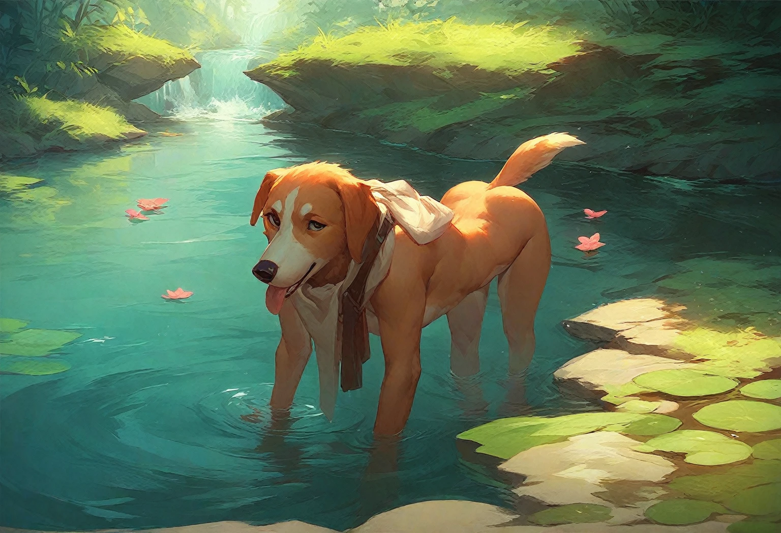 Cartoon character dog stanging in a river