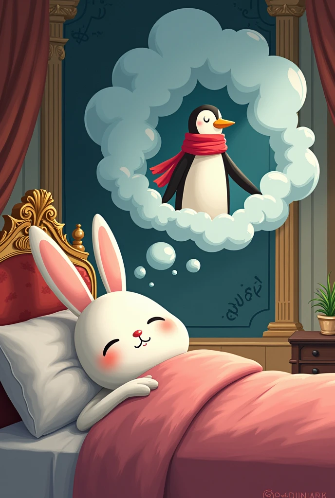 A tall white female animal bunny wearing a pink night dress sleeping her luxurious royal bed in a grand palace dreaming about a cute tall penguin laughing, the penguin is wearing red scarf and talking to her in the dream. The dream should be displayed in the form of dream clouds above her. Cartoon illustration with magical atmosphere.
