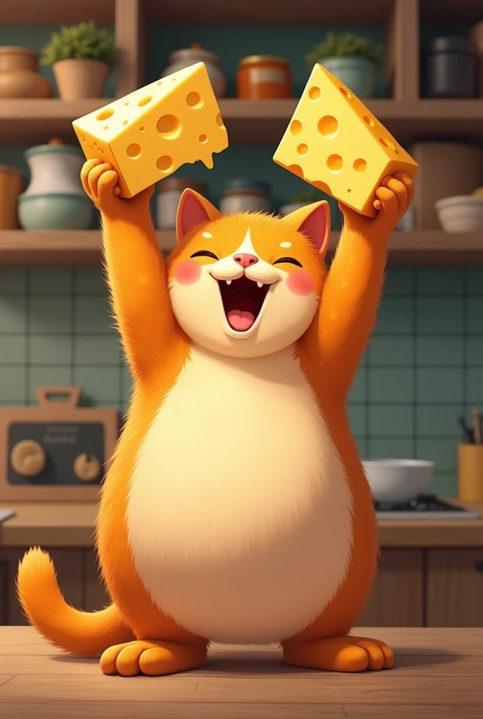 An orange chubby cat, waddling happily, grabs a block of cheese from the shelf with its paws.