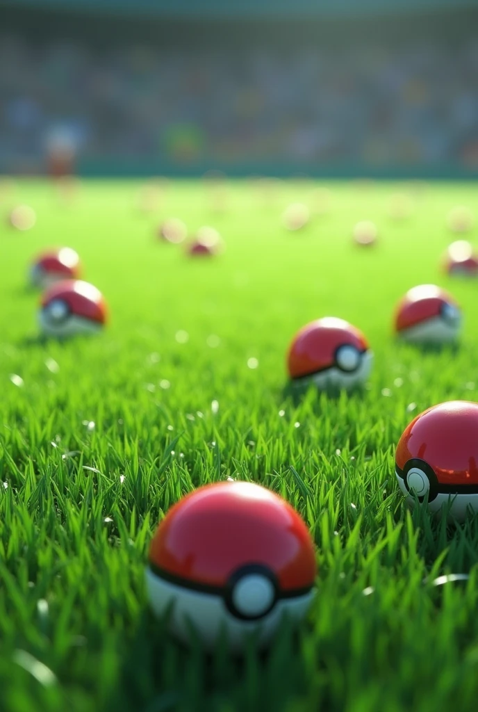 arena grass floor with Pokeballs, close shot 