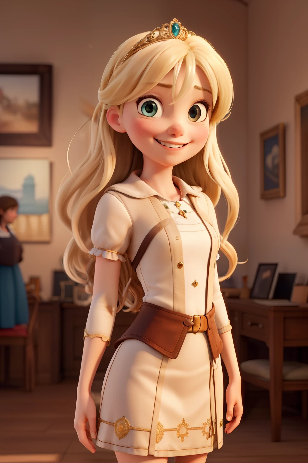 ((best qualityer)), ((work of art)), (detailded), girl with light eyes, LONG BLONDE HAIR, dressed as a princess, Grinning