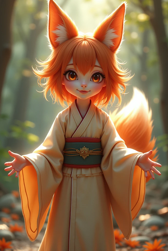 Create a kitsune in her human form, she is a child, show her full body, full body with open arms