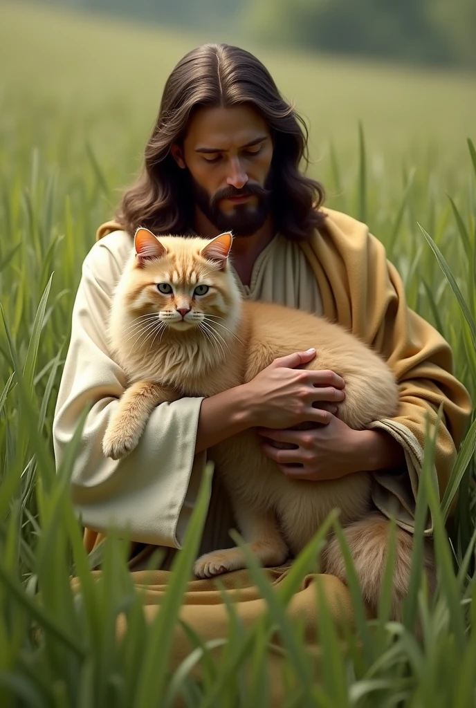 Jesus crist with a cat utra realstick in gras  