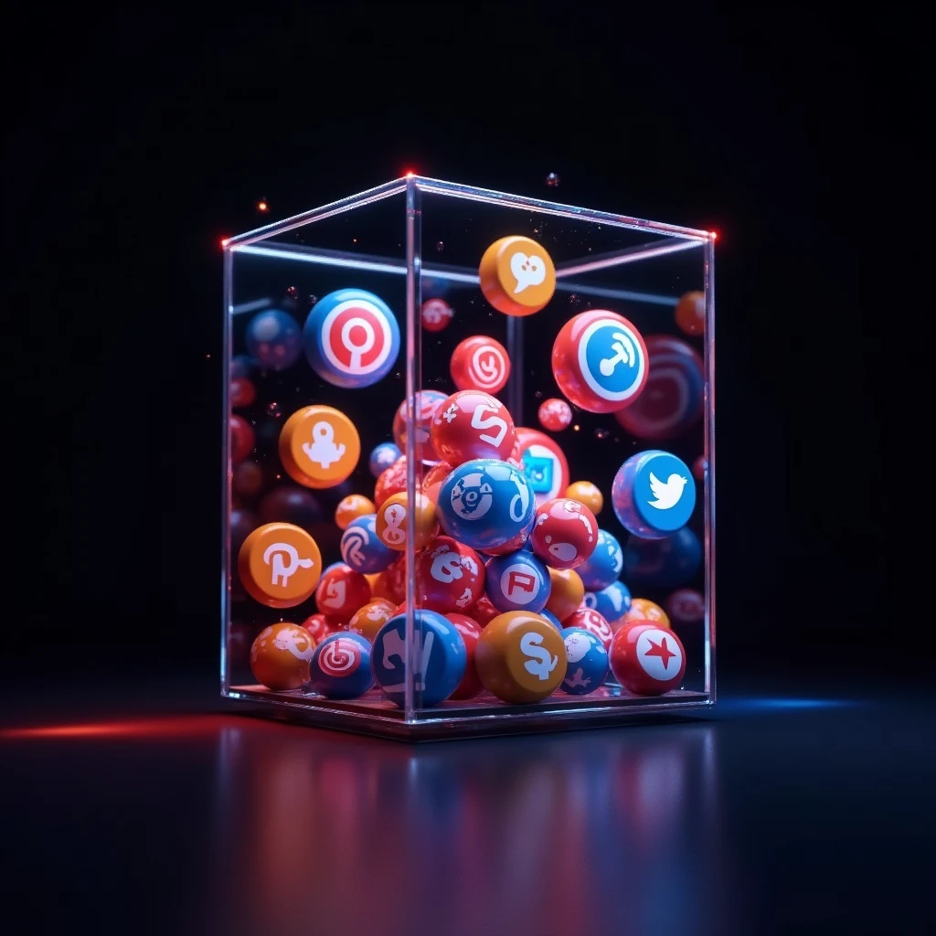 Social media icons cube beautifully scattered with black background and colorful lighting at different angles