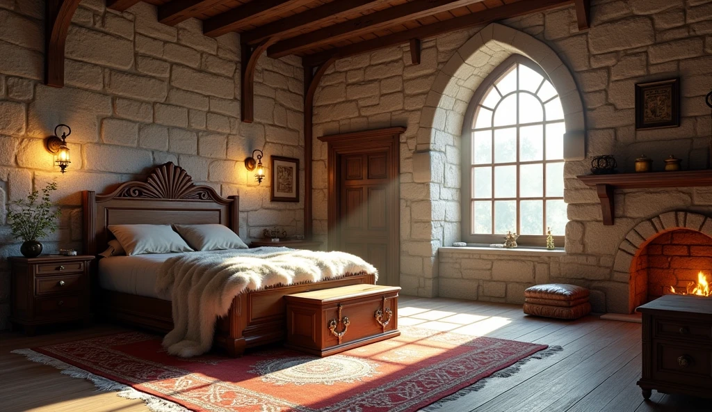 A highly realistic 3D rendering of a medieval game setting, featuring a horizontal medieval room interior. The scene includes natural lighting that casts soft, realistic shadows, highlighting the textures of stone walls and wooden beams. The large wooden bed is positioned so that the side is visible, showcasing its sturdy wooden frame and carved details. The bed is covered with luxurious fur blankets and animal skins, adding a sense of medieval comfort. At the foot of the bed, a wooden chest is placed. Other details in the room include a rustic wooden table with a candle holder, a stone fireplace with a gentle, flickering fire, wooden shelves filled with ancient scrolls, books, and small trinkets, and a large, arched window with heavy, dark curtains. A wooden door is located on the right side of the room, adding to the authenticity of the medieval setting. The rough stone floor is partly covered by a large woolen rug. The overall ambiance is cozy and authentically medieval, with attention to detail in the textures of wood, stone, fabric, and the interplay of light and shadow.