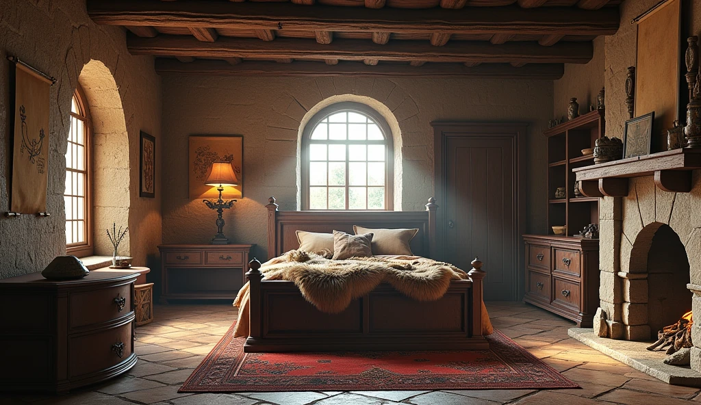 A highly realistic 3D rendering of a medieval game setting, featuring a horizontal medieval room interior. The scene includes natural lighting that casts soft, realistic shadows, highlighting the textures of stone walls and wooden beams. The large wooden bed is positioned so that the side is visible, showcasing its sturdy wooden frame and carved details. The bed is covered with luxurious fur blankets and animal skins, adding a sense of medieval comfort. At the foot of the bed, a wooden chest is placed. Other details in the room include a rustic wooden table with a candle holder, a stone fireplace with a gentle, flickering fire, wooden shelves filled with ancient scrolls, books, and small trinkets, and a large, arched window with heavy, dark curtains. A wooden door is located on the right side of the room, adding to the authenticity of the medieval setting. The rough stone floor is partly covered by a large woolen rug. The overall ambiance is cozy and authentically medieval, with attention to detail in the textures of wood, stone, fabric, and the interplay of light and shadow.