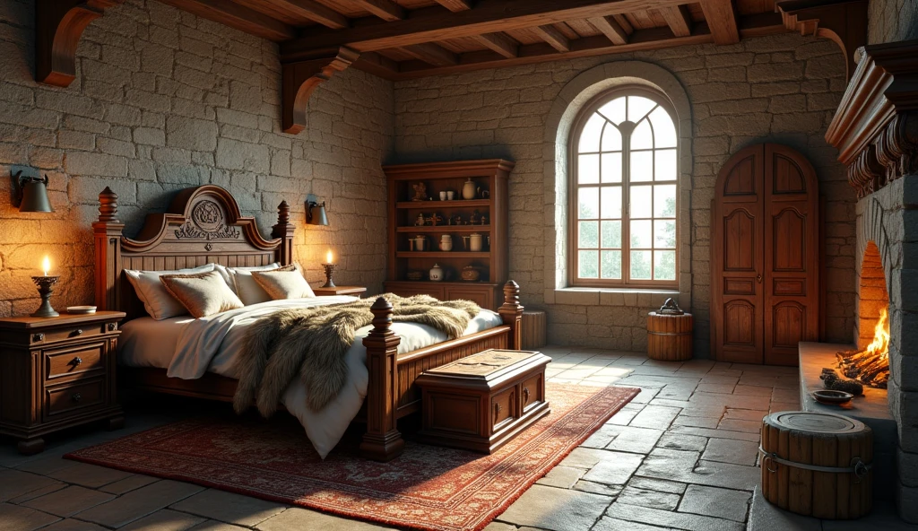 A highly realistic 3D rendering of a medieval game setting, featuring a horizontal medieval room interior. The scene includes natural lighting that casts soft, realistic shadows, highlighting the textures of stone walls and wooden beams. The large wooden bed is positioned so that the side is visible, showcasing its sturdy wooden frame and carved details. The bed is covered with luxurious fur blankets and animal skins, adding a sense of medieval comfort. At the foot of the bed, a wooden chest is placed. Other details in the room include a rustic wooden table with a candle holder, a stone fireplace with a gentle, flickering fire, wooden shelves filled with ancient scrolls, books, and small trinkets, and a large, arched window with heavy, dark curtains. A wooden door is located on the right side of the room, adding to the authenticity of the medieval setting. The rough stone floor is partly covered by a large woolen rug. The overall ambiance is cozy and authentically medieval, with attention to detail in the textures of wood, stone, fabric, and the interplay of light and shadow.