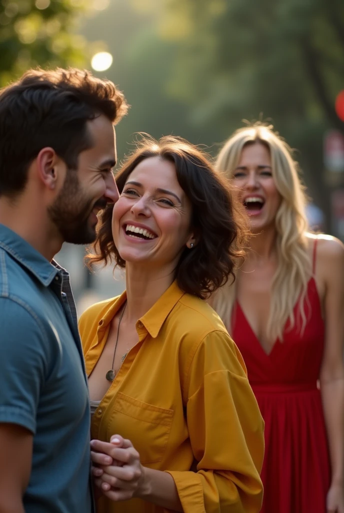 Happy man holding hand of happy brunette woman dressed in yellow. Ao fundo, a blonde woman dressed in red extremely sad, crying desperately, because she was replaced by the brunette. realisitic.