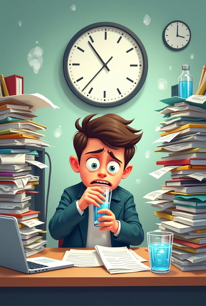 A person struggling to drink water due to deadlines show a wall clock behind them and piles of work and a glass of water on the side showcasing like they forget to drink water while working. GENERATE A CARTOON and a horizontal image 