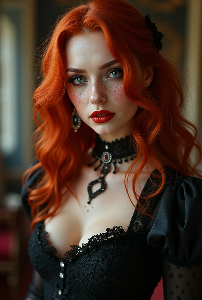 A very beautiful toreador vampire with extremely red hair, she has one blue eye and one green eye, she also has freckles, She has noble origins and is very fond of jewelry and always wears high heels., your high heel is elegant and chic