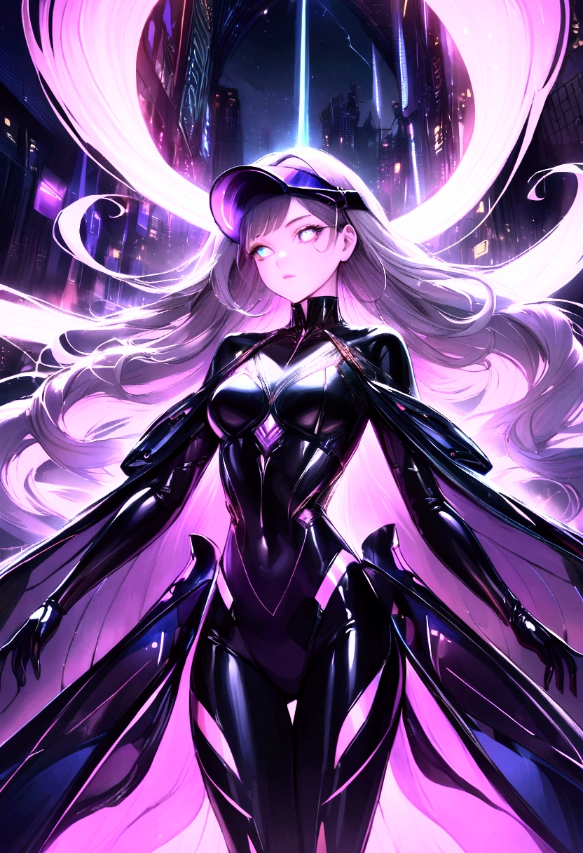 Design an anime character with an edgy, futuristic vibe. They should have a sleek, high-tech outfit with glowing accents, dynamic, flowing hair, and striking, unique eye colors. Include cool accessories like a high-tech visor or a glowing weapon. The character should exude confidence and an air of mystery, standing in a dramatic pose against a vibrant, neon-lit cityscape."