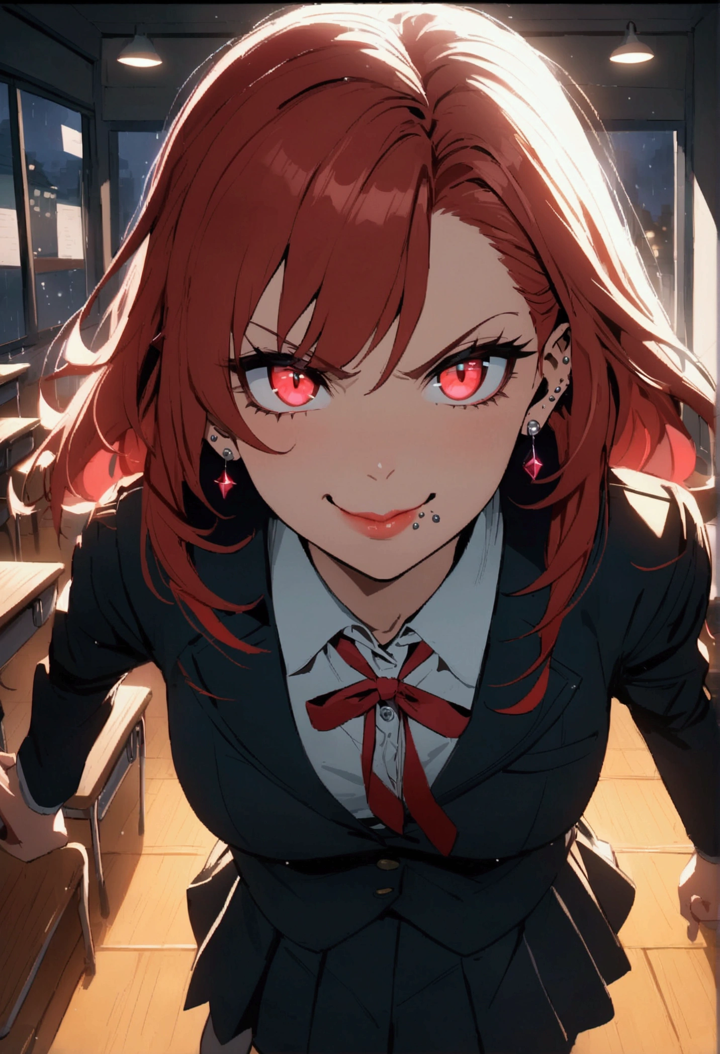 (anime women), high school girl, (neon red viper eyes), cinematic lighting (best quality:1.2)detailed, neon lights, vivid colors,bokeh, angry looking face with smirk on mouth, piercing, ((piercing)), gaze, 4k, particles in the air, powers, amazing art work full of details, dynamic movement, (lips), school classroom, rainy night, full body