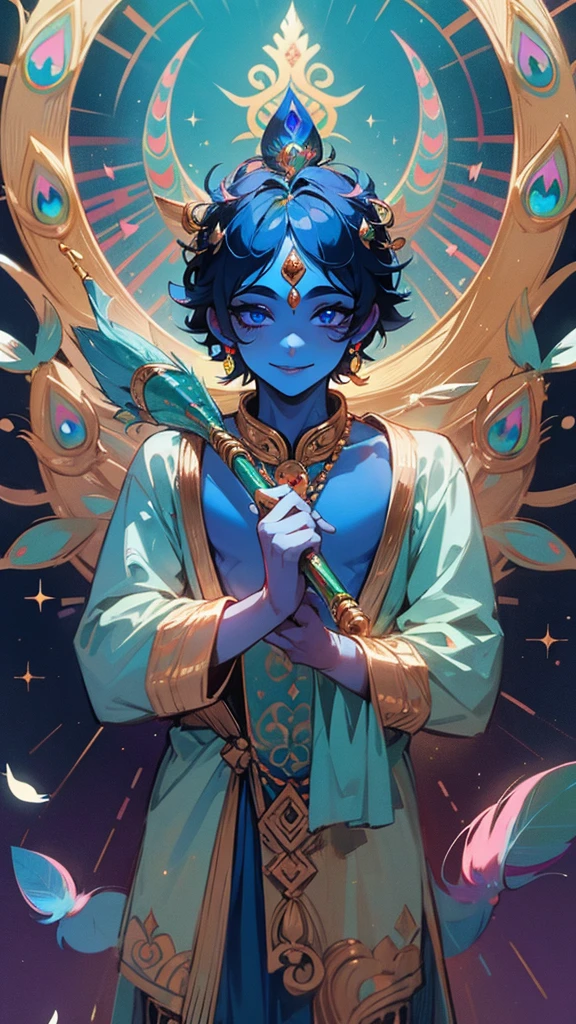 Krishna , loving man , beautiful glitter eyes , blue skin tone , smiling , divine nature, holding flutes in his hands, peacock feather on head.