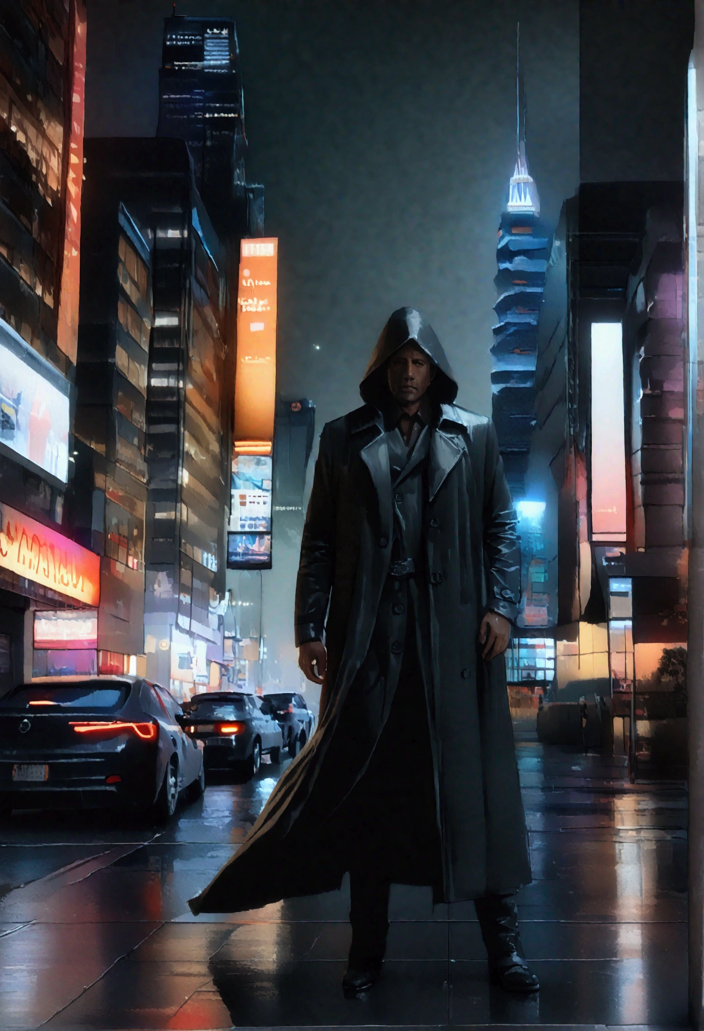 wide and far shot, ((a man in a black trench coat with a hood, return to camera:1.5)), standing on the rainy street, looking at a futuristic city at night, a dark cityscape with neon lights (Best Quality, 4k, 8k , High resolution, masterpiece: 1.2), ultra detailed (realist, photorealist, photorealist: 1.37), cinematic lighting, dramatic shadows, moody atmosphere, intricate details, Bright city lights, advanced technology, Retro-futuristic architecture, dynamic pose, hood that casts shadows on the face, intense look