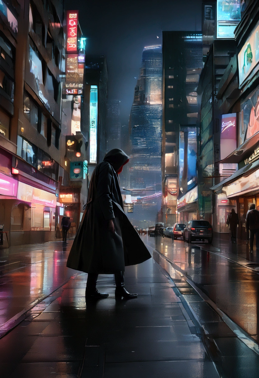 wide and far shot, ((a man in a black trench coat with a hood, return to camera:1.5)), standing on the rainy street, looking at a futuristic city at night, a dark cityscape with neon lights (Best Quality, 4k, 8k , High resolution, masterpiece: 1.2), ultra detailed (realist, photorealist, photorealist: 1.37), cinematic lighting, dramatic shadows, moody atmosphere, intricate details, Bright city lights, advanced technology, Retro-futuristic architecture, dynamic pose, hood that casts shadows on the face, intense look