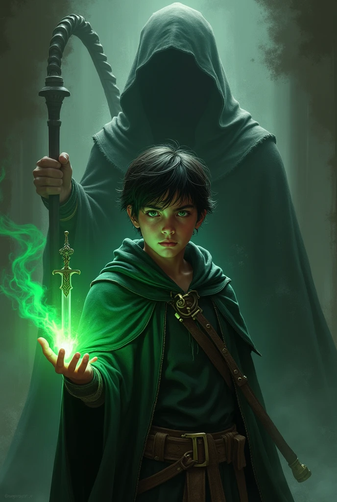 Alejandro Grimwald the young wizard with dark hair and green eyes holding his sword and in his left hand a green light waiting and behind him, the evil villain the lady of shadows 