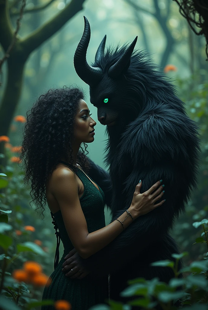 a dark-skinned nymph, with green eyes and curly hair with a beast with ocean blue eyes and black hair, the two of them are seen in the middle of the forest, he has her by the neck
