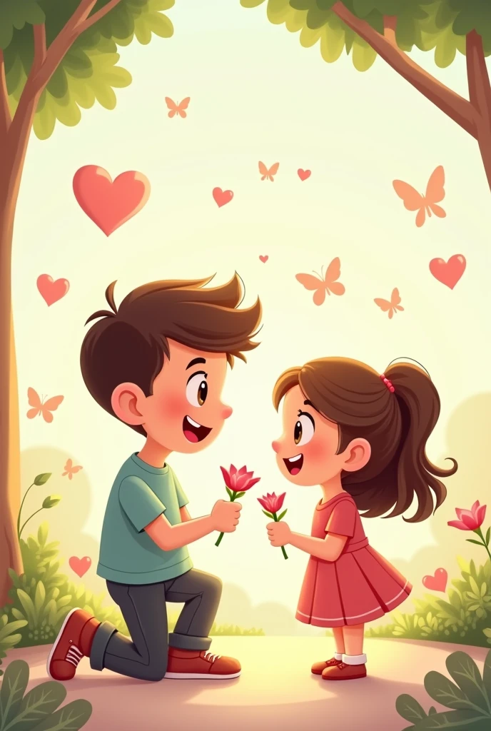  Cartoon man kneeling down giving a flower to his girlfriend

