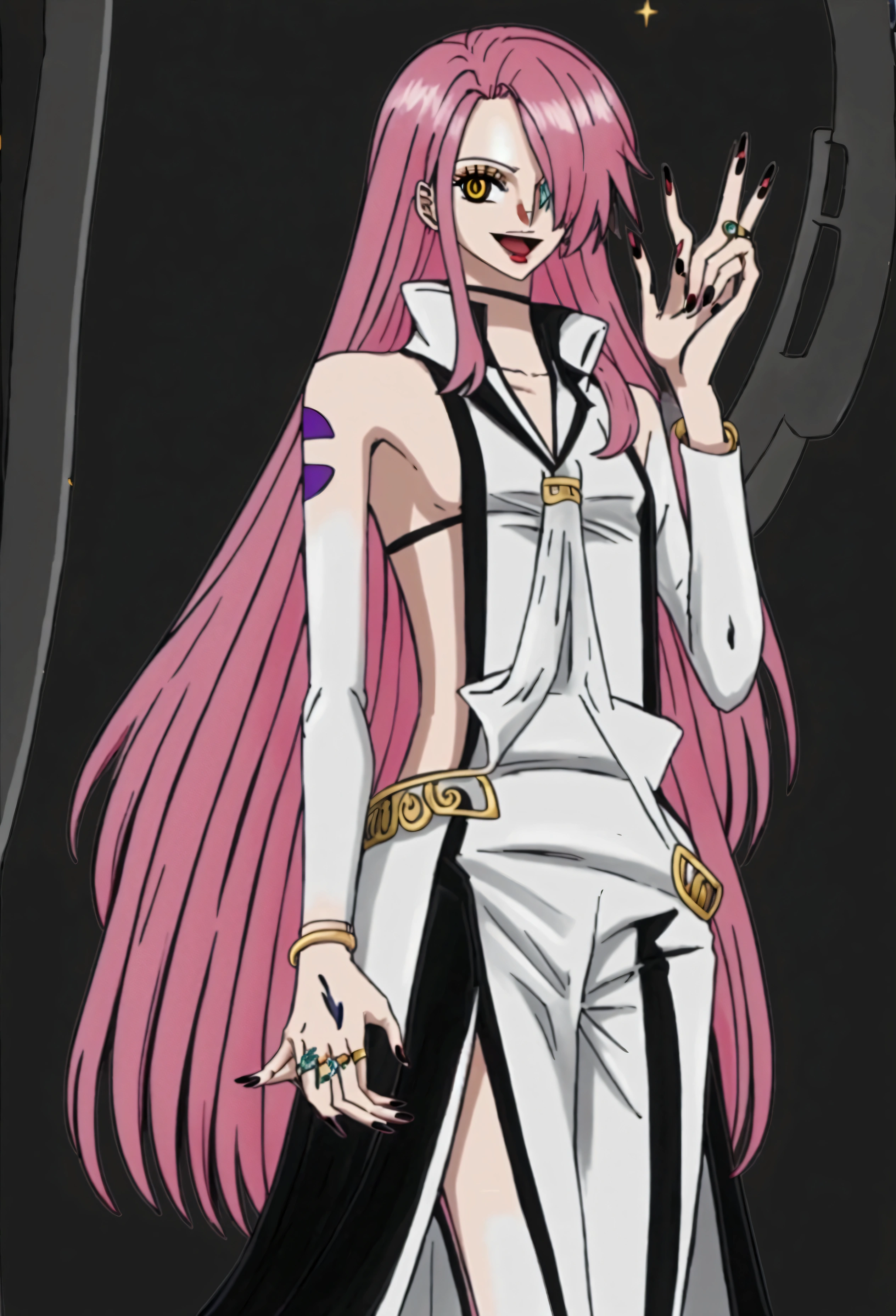 Androgynous with pink hair, black white and gold clothes, turtleneck, heterochromia, Purple and orange eyes, pale skin, painted nails, black nails, Space background, Genderless body, gender neutral.