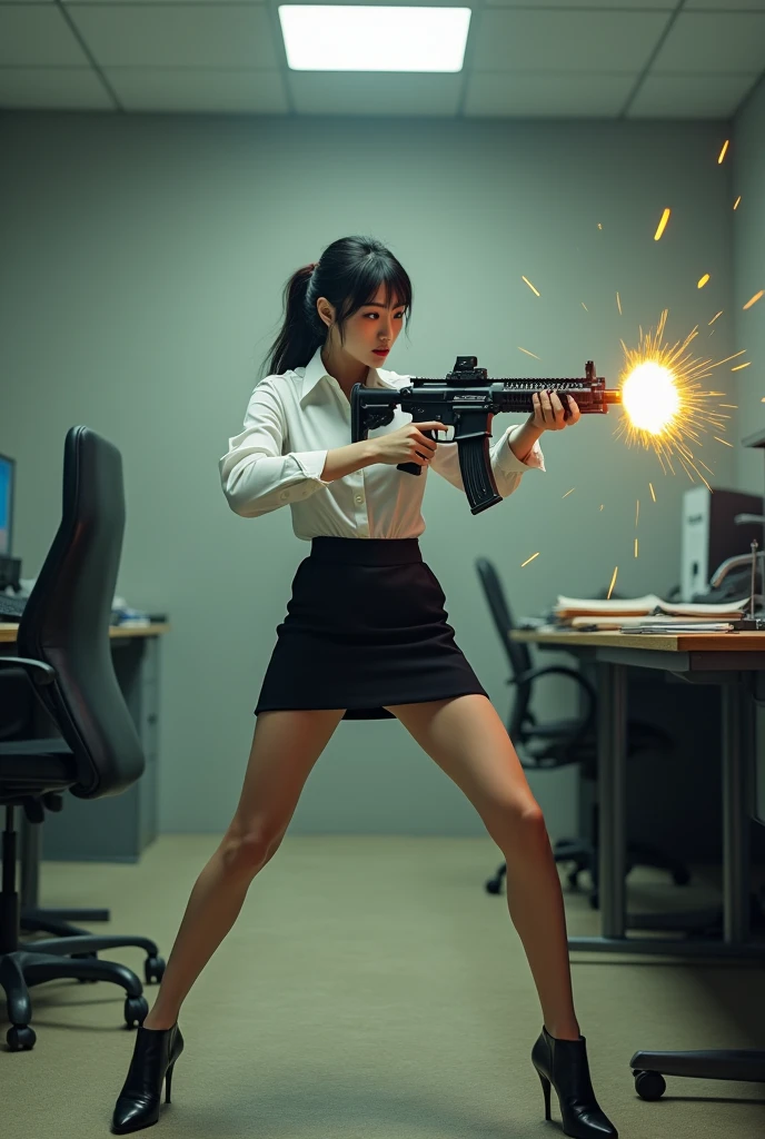 beautiful chinese office lady white shirt tight mini skirt realistic machine gun toting toting hip firing real person legs apart standing rampage shooting side target facing