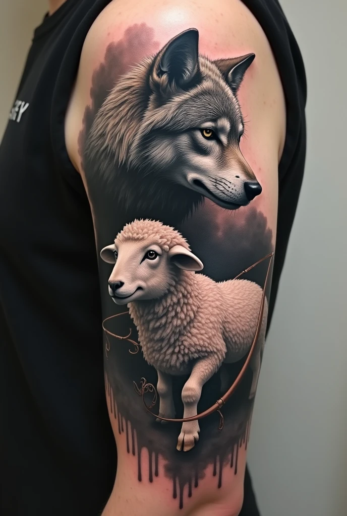 League of Legends Kindreds Tattoo Focused on the Realism of the Wolf and the Sheep, but using the sheep's bow and the wolf's ghost