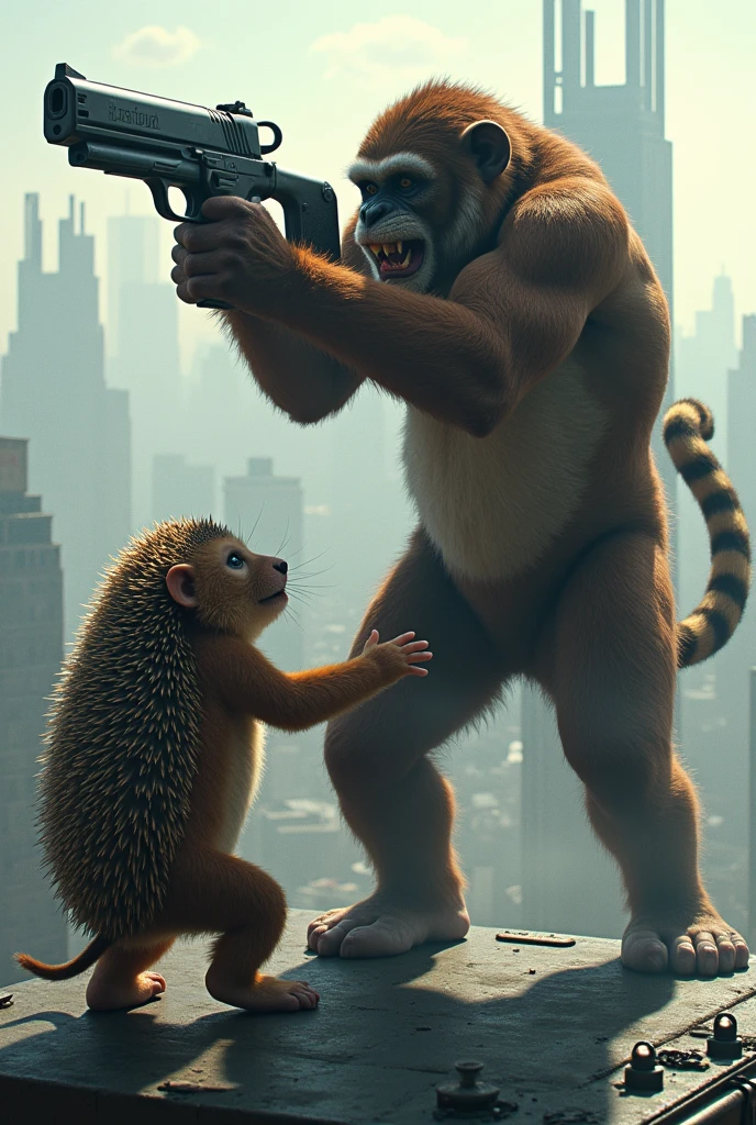 Chimpanzee and tiger mix, shooting a futuristic gun, on top of a building. mens, another chimpanzee mixed with hedgehog tries to escape the shots.