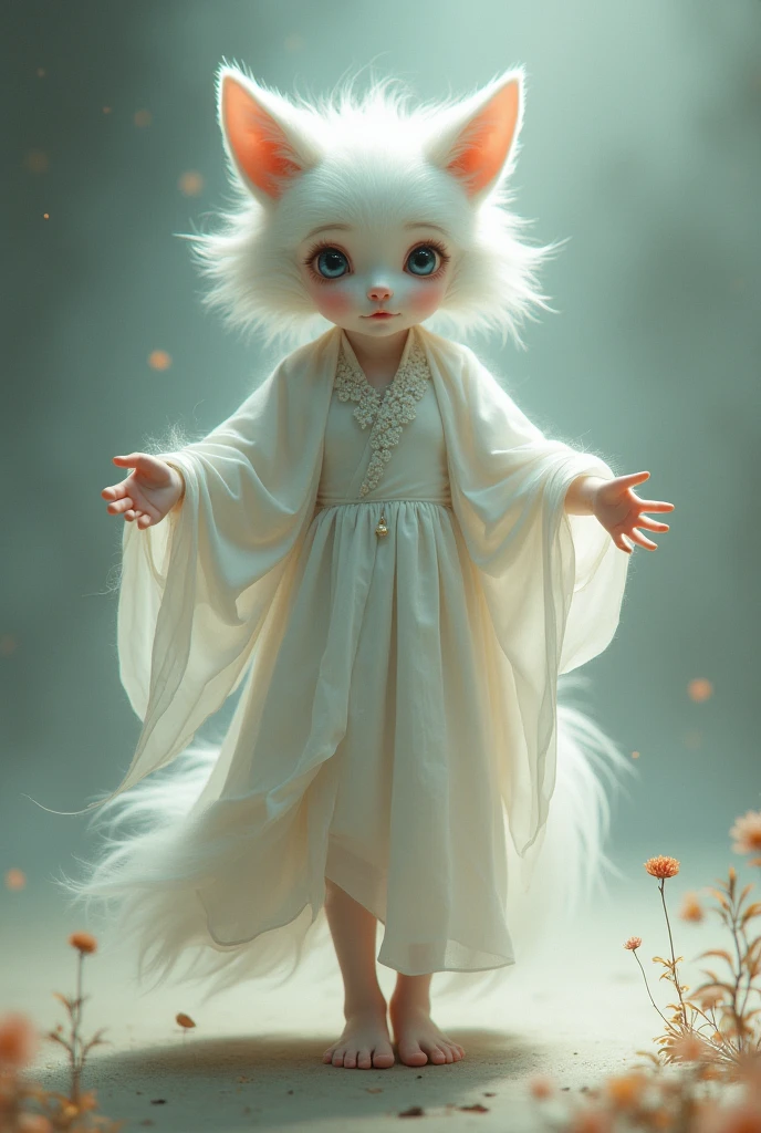 Create a kitsune in its human form, it is a child, show it in full body, with arms open from head to toe.