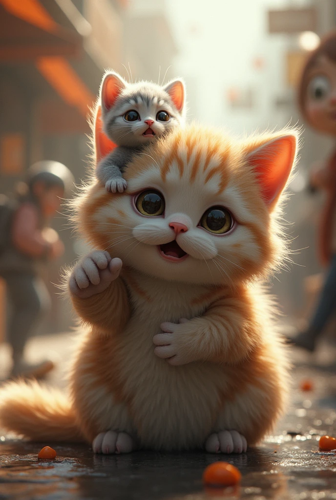 A gray kitten, perched on the cat’s back, cries as it clings to its fluffy companion amidst the commotion.