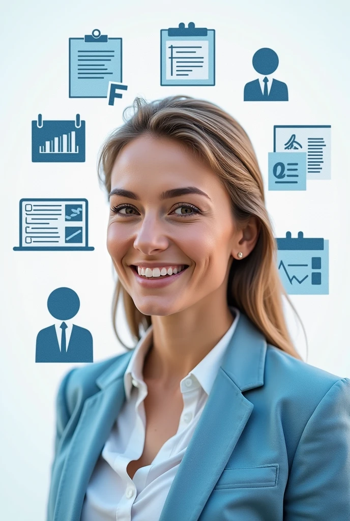 Create a professional LinkedIn cover in portrait mode, with symbols and figures that resemble administration with my photo and the name Wenda Hanne appearing along with the symbols and figures