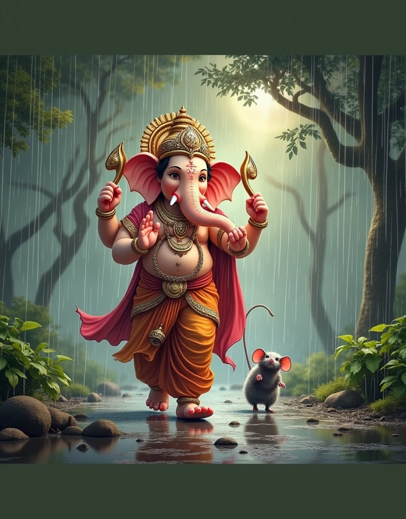 Make a lord ganesha walking ahead with mouse in the rain and water sparkling