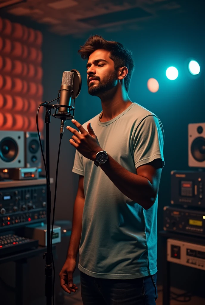 Indian singer male in sound studio with microphone dress tshirt