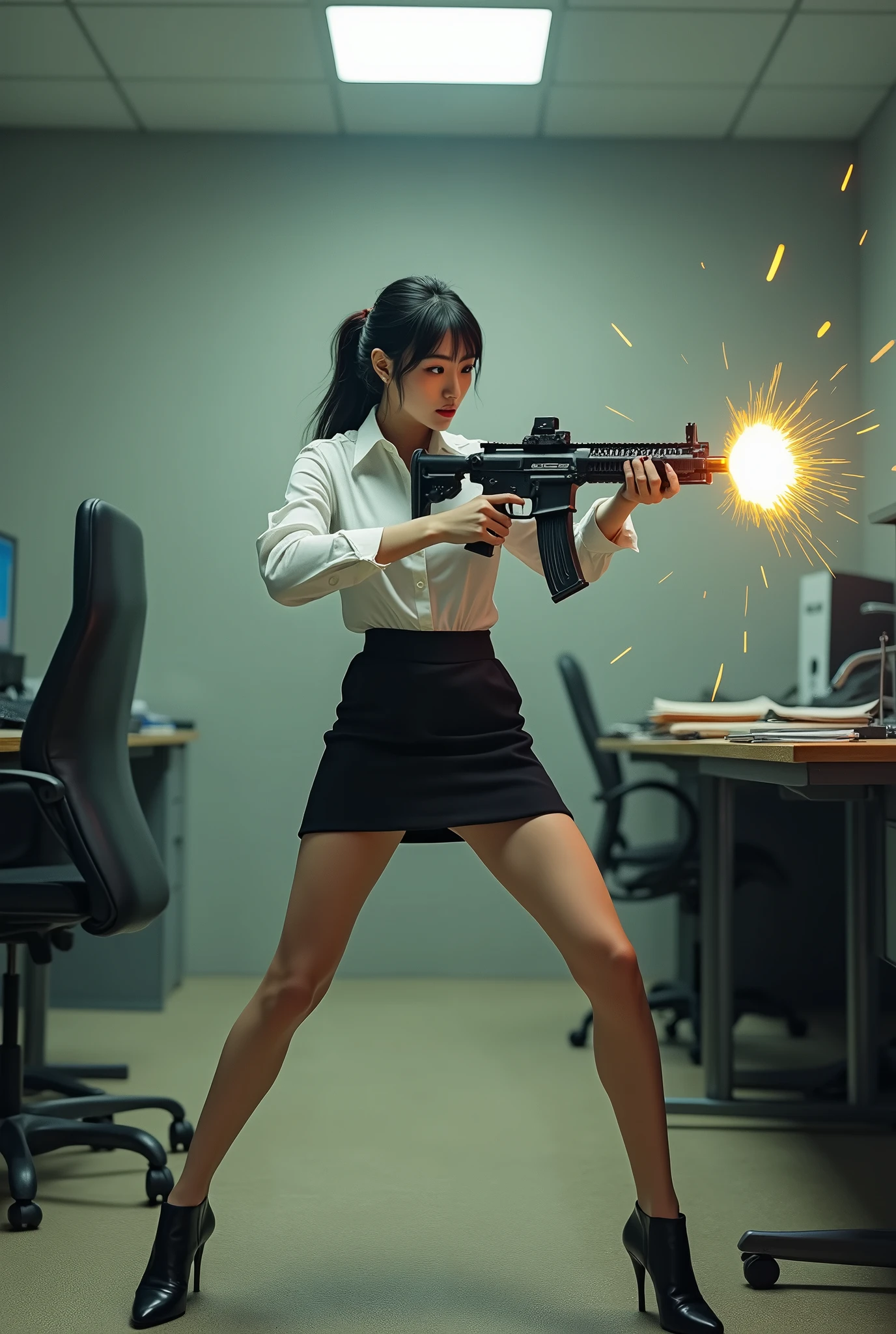 beautiful chinese office lady white shirt tight mini skirt realistic machine gun toting toting hip firing real person legs apart standing rampage shooting side target facing


