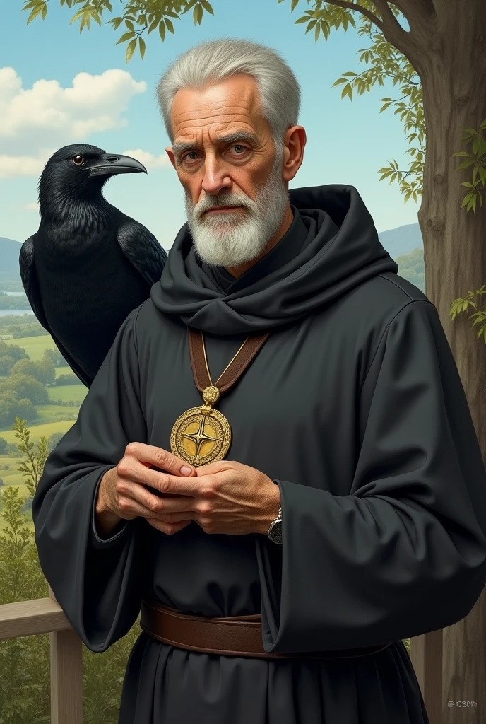 Create an image of Saint Benedict with his medal and a crow