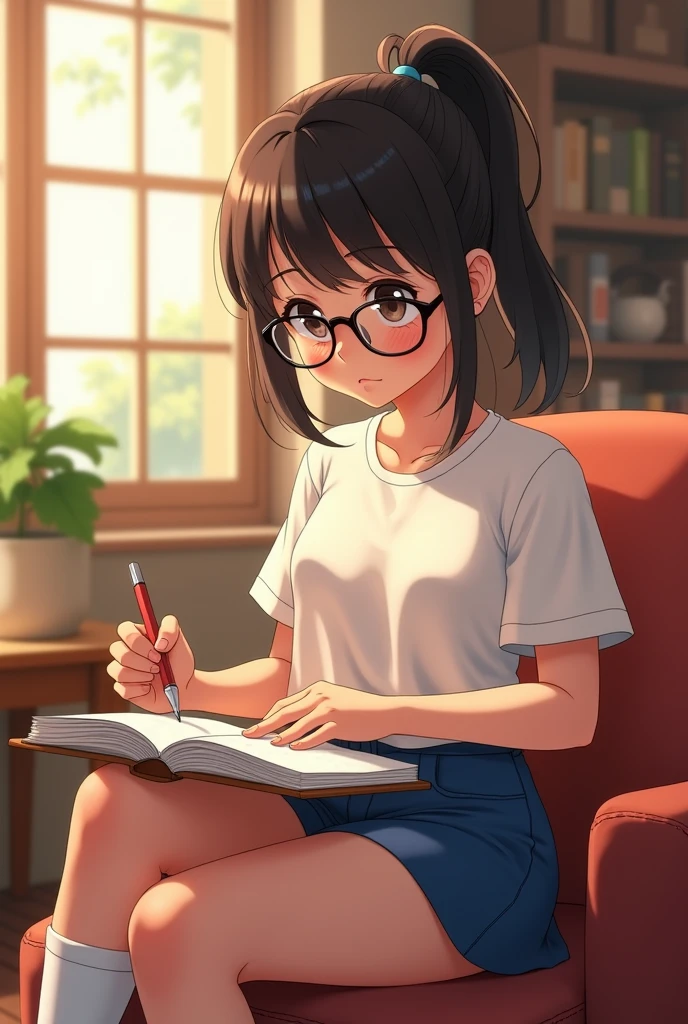 A town young big girl with specs and tied hair in a ponytail wearing white tshirt and blue mini skirt. Note down her science experiment observation in book in seating room