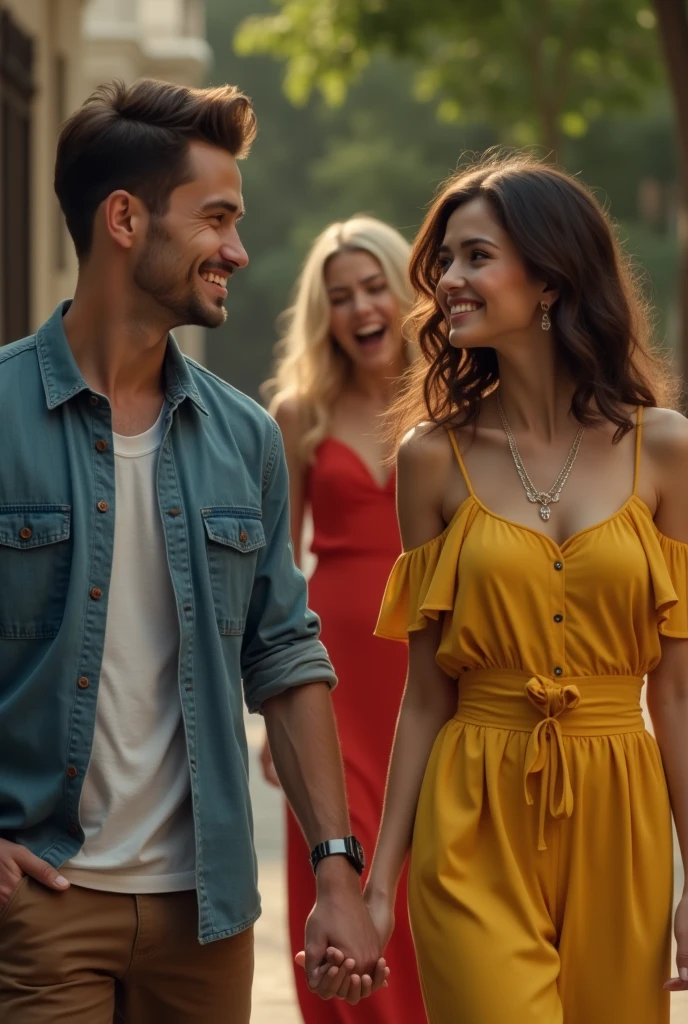 Happy man holding hand of happy brunette woman dressed in yellow. Ao fundo, a blonde woman dressed in red extremely sad, crying desperately, because she was replaced by the brunette. realisitic.