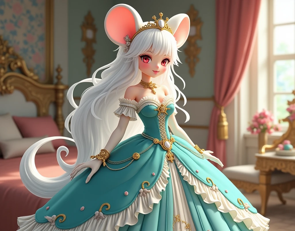 (best quality,4k,8k,highres,masterpiece:1.2), ultra-detailed, Pretty albino girl has a princess, drawn in 2D anime style, steampunk, wearing a turquoise and white princess gown with puffy sleeves, steampunk, gorgeous frilly dress design,flowing gown, elaborate lace details,rich textures,contrast stitching,delicate ribbon bows, seashells embroidery, full skirt with ocean wave pattern,short sleeves,fitted waistline,flared cuffs,lace-up back,luxurious fabrics,flawless silhouette, long curly white hair and red eyes, white fur, smiling, mouse ears and tail, ribboned high heels, white elbow evening gloves, gold bracelets, tiara made of seashells, beautifully detailed lips with lipstick, long eyelashes, eyeshadow, seashell necklace, in a castle bedroom with intricate decoration and luxurious furniture, flower wallpaper, she is happily checking her new princess dress.