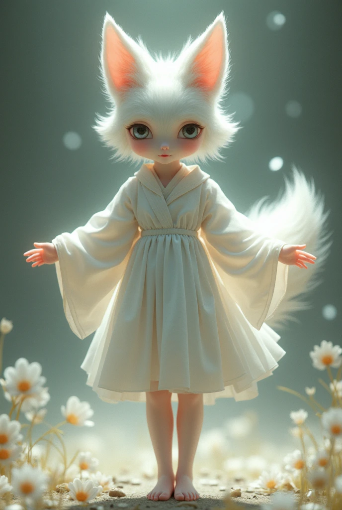 Create a kitsune in its human form, it is a child, show it in full body, with arms open from head to toe. 