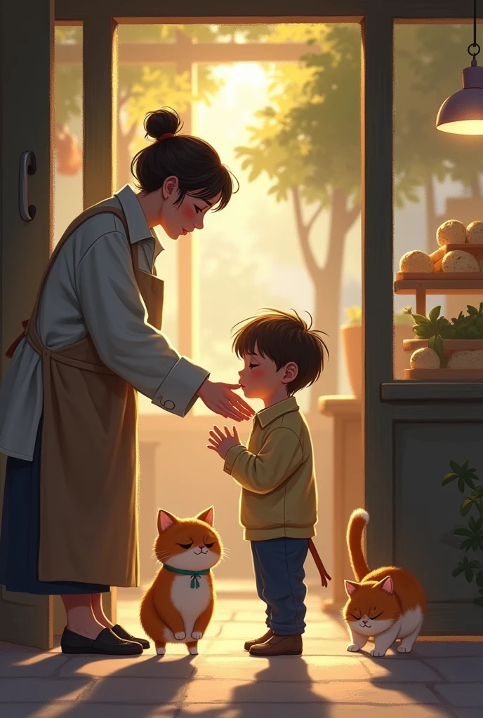 A distressed child, lost and alone, is comforted by the shop manager, who carefully takes care of the child while the chubby cat and kitten are gently led away.