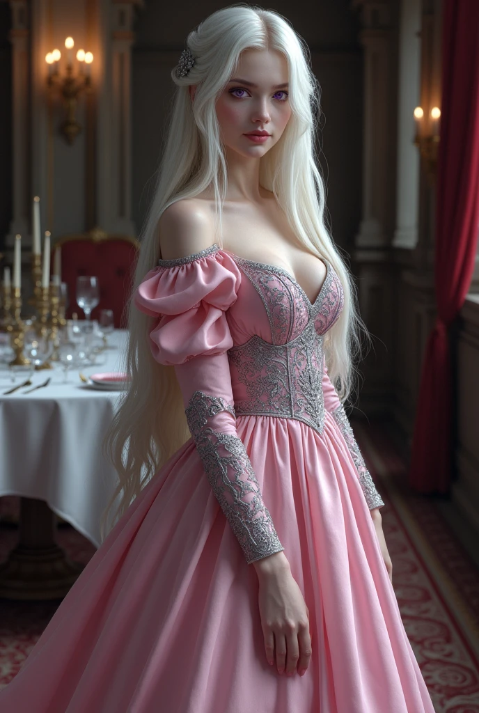 Make the image more realistic
Make a young girl , she has long white hair and purple eyes, she has pale white skin, delicate features,she is very beautiful, attractive and sexy
she is in a medieval dining room, middle ages, she is wearing a beautiful long pink dress with silver details, a more formal dress
the lighting is a little dark