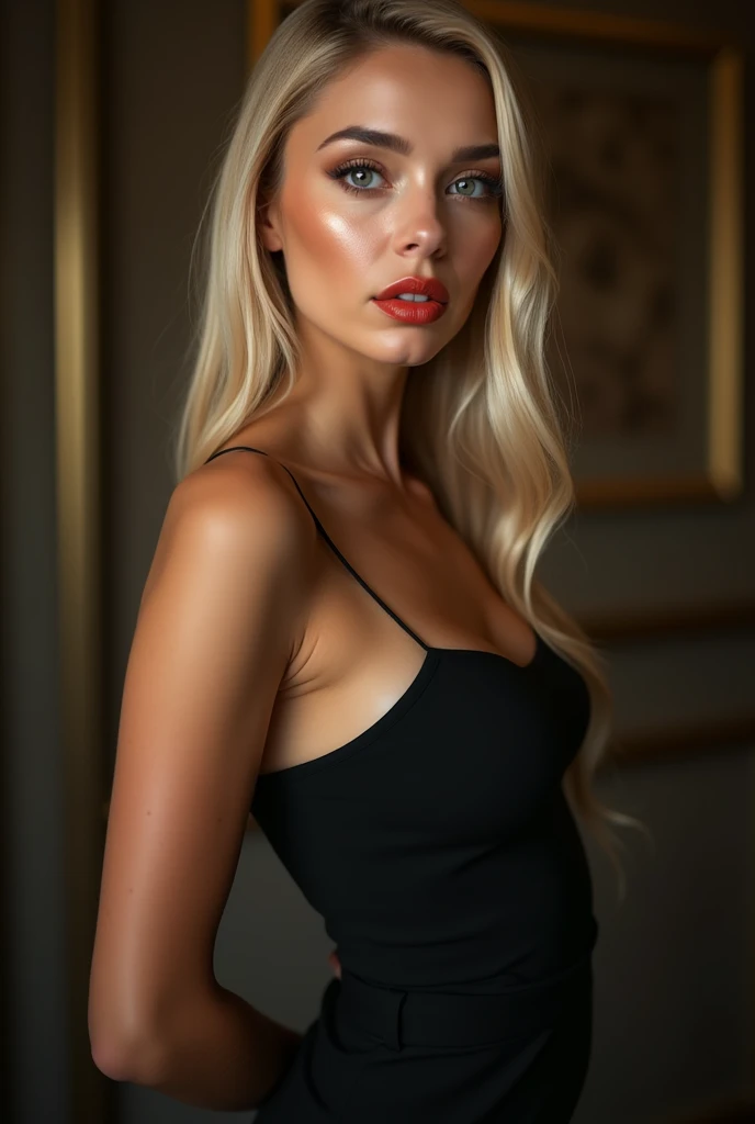 a very realistic and detailed photo of a beautiful french woman, tight black skirt, perfect makeup, long straight blonde hair, high quality, photorealistic, 8k, luxury, elegant, sophisticated, confident, studio lighting, cinematic, glowing skin, piercing eyes, full lips, sharp focus