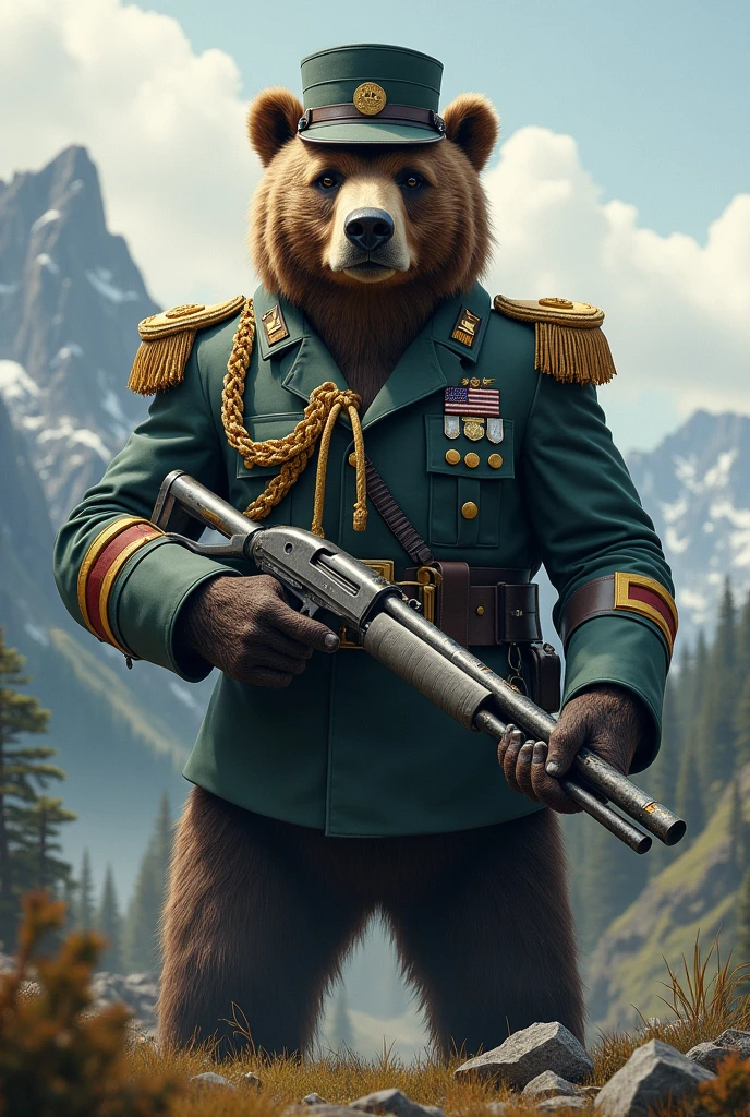 A bear dressed as an army lieutenant and with a shotgun for an arm