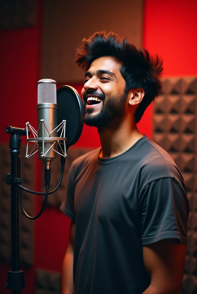 Indian singer male in sound studio with microphone dress tshirt