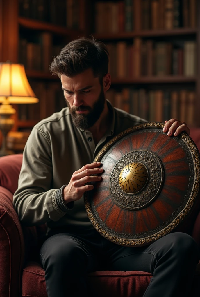 Sitting on the sofa looking at the Vasco da Gama shield