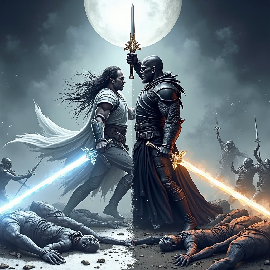 create a battle between the two warriors representing good and evil with hundreds of corpses around with a gloomy and dark environment