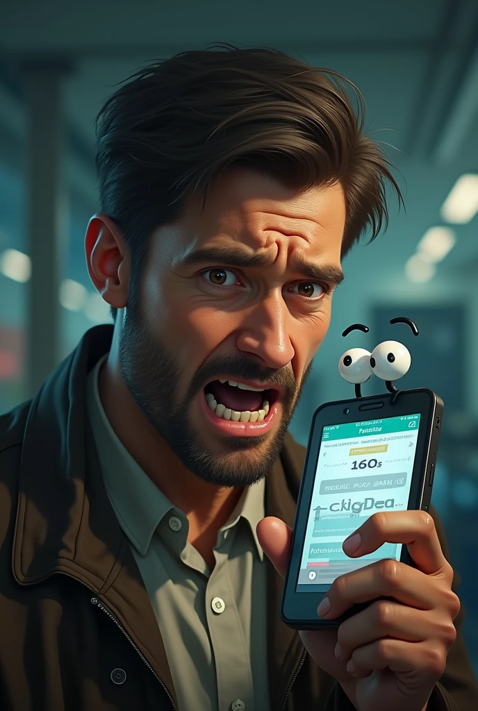 a frustrated man having mobile in hand , mobile have own eyes & mouth, mobile screen showing railway website