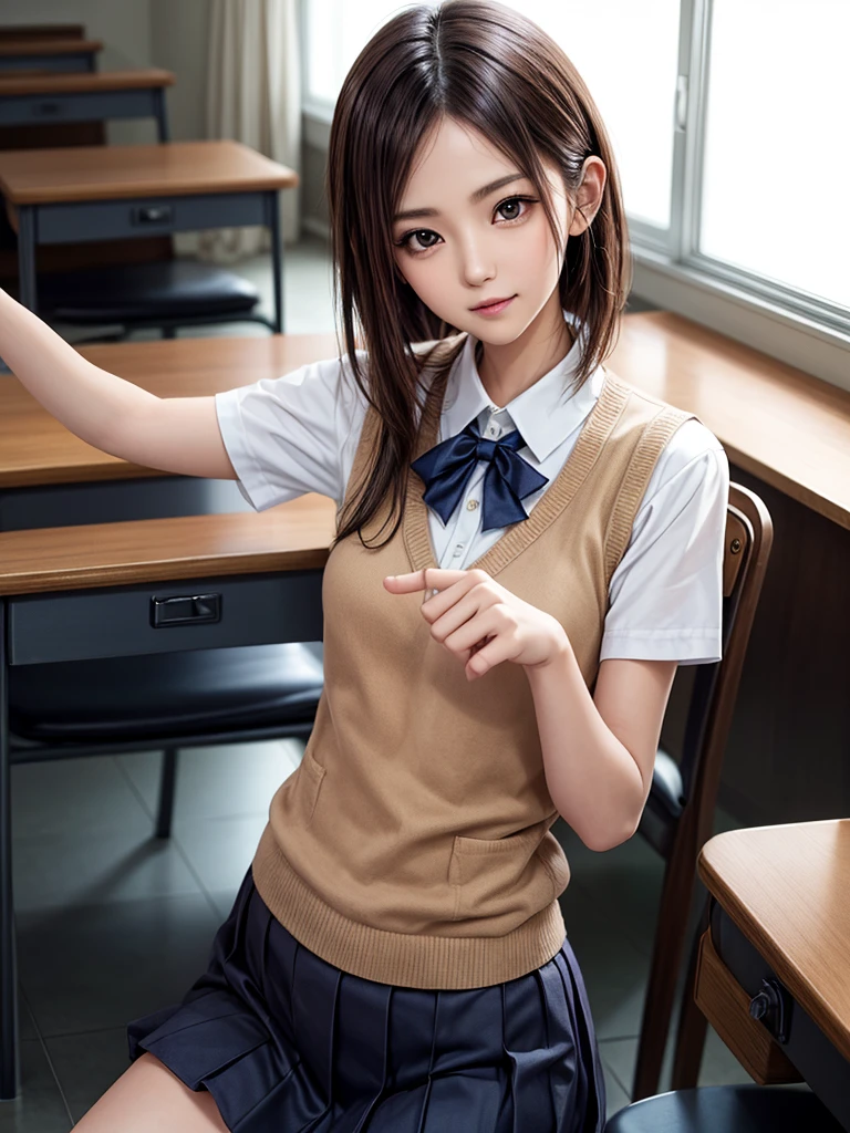 Masterpiece, Top Quality, Top Mikoto, brown eyes, short hair, small breasts, looking at viewer, alone, closed mouth, collared shirt, beige knit vest, dark blue  Skirt, school_uniform, shirt, white_shirt, classroom,Masterpiece, highest quality, 8K, detailed skin texture, fine cloth texture, beautiful detailed face, intricate details, super detailed,cute,cute posing,composition that shows the whole body, brown hair,Pointing a finger like a gun, aiming straight ahead