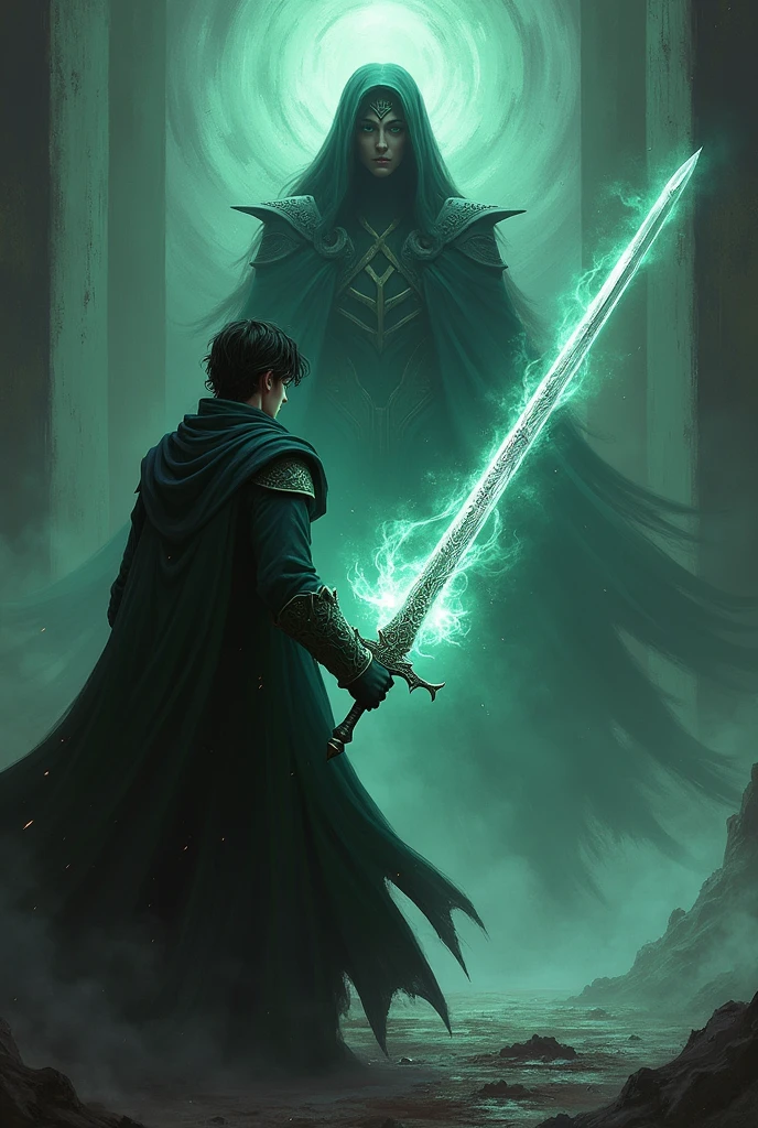Alejandro Grimwald the handsome 2 wizard with dark hair and green eyes holding his sword in his right hand and in his left hand a sphere of light and behind him, The evil villain, the lady of shadows in all her splendor 