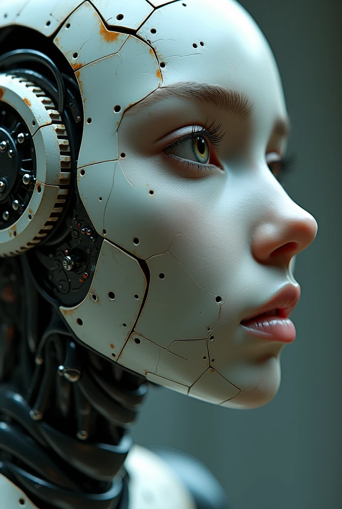 Close-up of the entire shape and chest of the robot, the shape is composed of electrical panels connected by threads, some panels are missing in half of the shape and in those places sophisticated circuits and control service motors of the eye and parts of the mouth are revealed. The surface is slightly marked by wear, scratches and cracks, which reveal inner fragility. The eyes are emotionless, but indicate repressed feelings. Soft lighting highlights the structure and nuances of the surface, while the blurred background emphasizes the intensity of the expression. A hyper-realistic style with a cinematic feel captures the vulnerability and power of emotions.