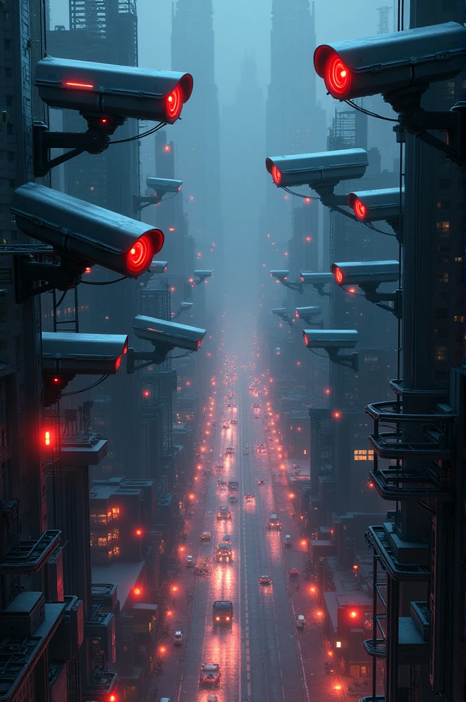 Create an image in aspect ratio 9:16 with the following command: A futuristic city at night, full of neon lights, with surveillance cameras on every corner, covering streets, buildings, houses and vehicles. The cameras have a cold and intimidating design, with bright red lenses. The atmosphere is dark and dense, with a feeling of constant observation.